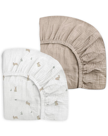 Muslin Mini Crib Sheets 24"x38" - Soft, Breathable, Fits Pack N Play & Mini Cribs - Bunny Meadow