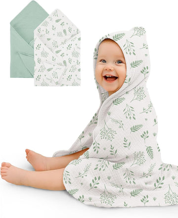Wimist Hooded Baby Towels 2 Pack, Muslin Baby Bath Towels with Hood for Newborn Infant and Toddler, Soft Breathable & Absorbent, 30" x 30"
